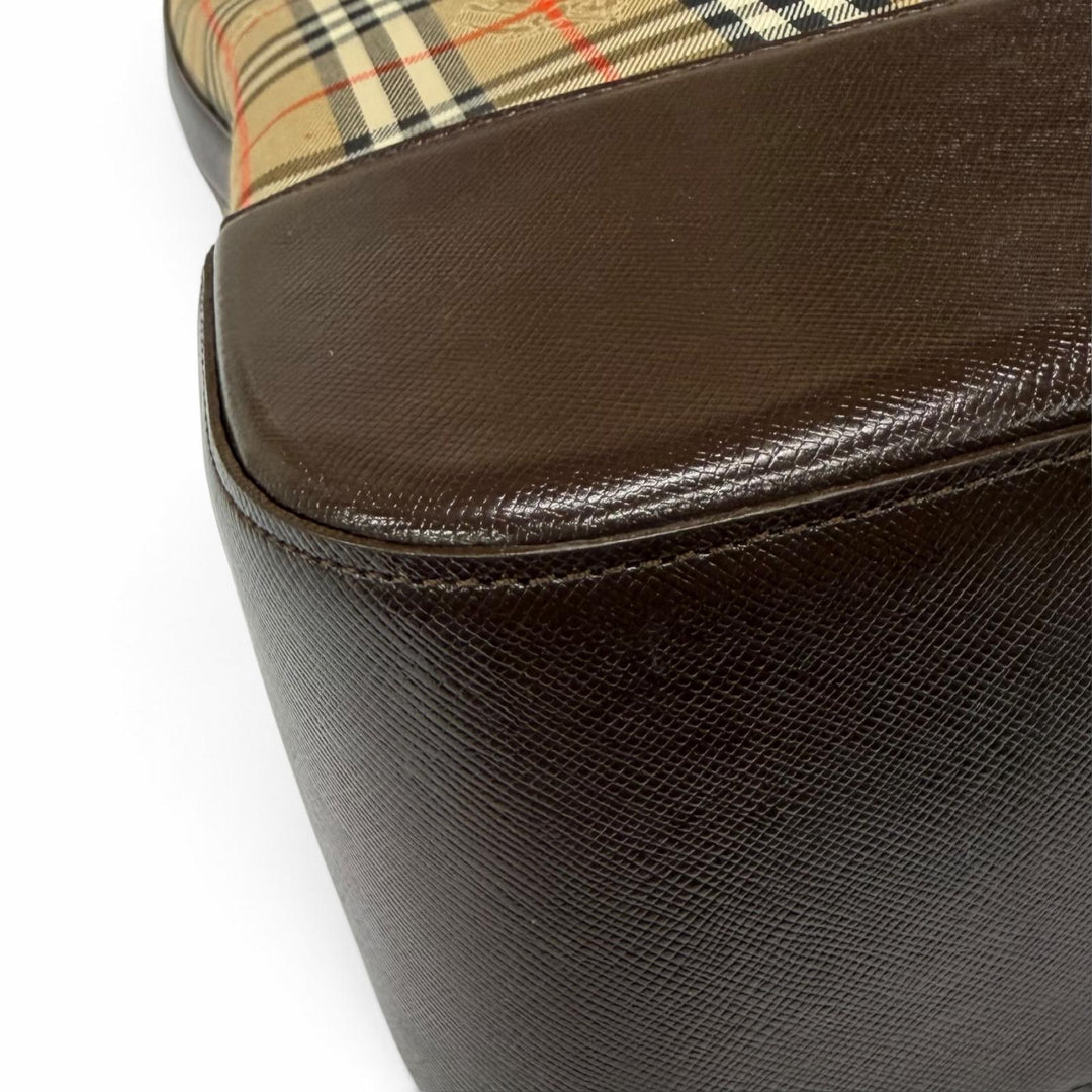 極美品★BURBERRY バーバリー ロゴ刻印 ノバチェック柄 レザー使い トートバッグ ショルダーバッグ ベージュ ブラウン レディース