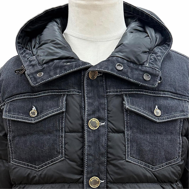 美品▼MOORER ムーレー TURATO-106S トゥラートオ ナイロン デニム切替 フーデッド ダウンジャケット ブラック IT 48 イタリア製 メンズ