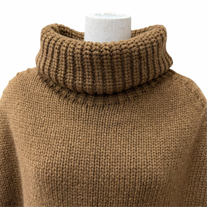 極美品☆Agnona アニオナ カシミヤ100％ レザーフリンジ付 タートルネック ニット ケープ ポンチョ ブラウン S 伊製 正規品 レディース