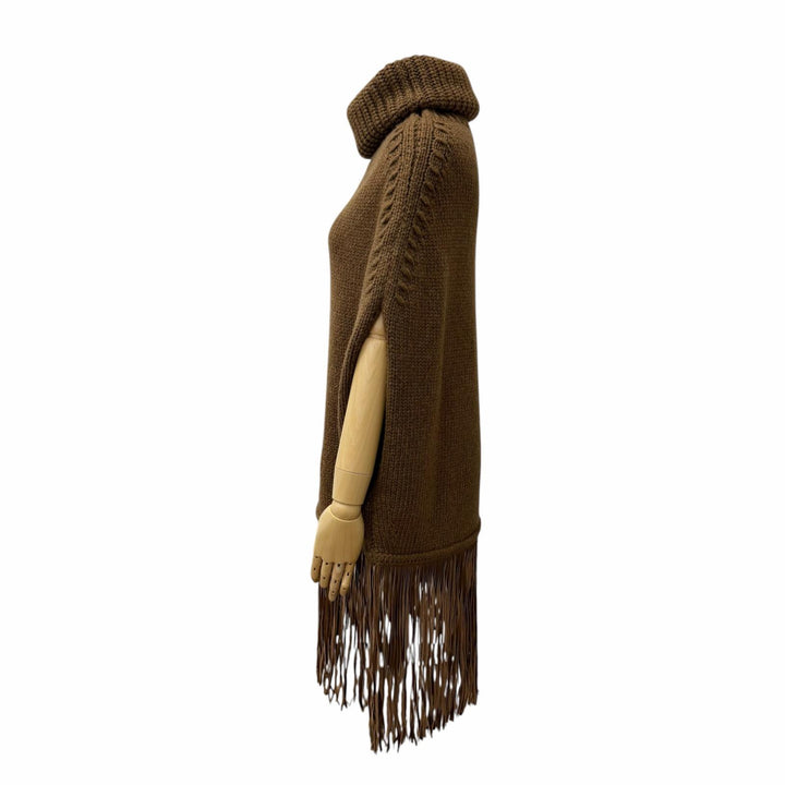 極美品☆Agnona アニオナ カシミヤ100％ レザーフリンジ付 タートルネック ニット ケープ ポンチョ ブラウン S 伊製 正規品 レディース