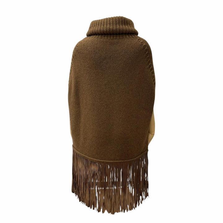 極美品☆Agnona アニオナ カシミヤ100％ レザーフリンジ付 タートルネック ニット ケープ ポンチョ ブラウン S 伊製 正規品 レディース