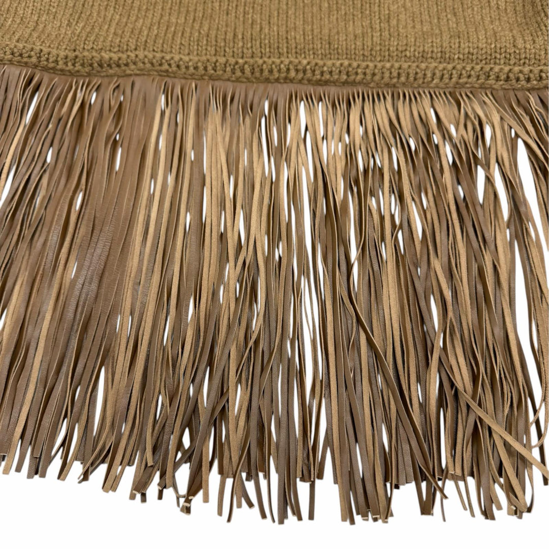 極美品☆Agnona アニオナ カシミヤ100％ レザーフリンジ付 タートルネック ニット ケープ ポンチョ ブラウン S 伊製 正規品 レディース