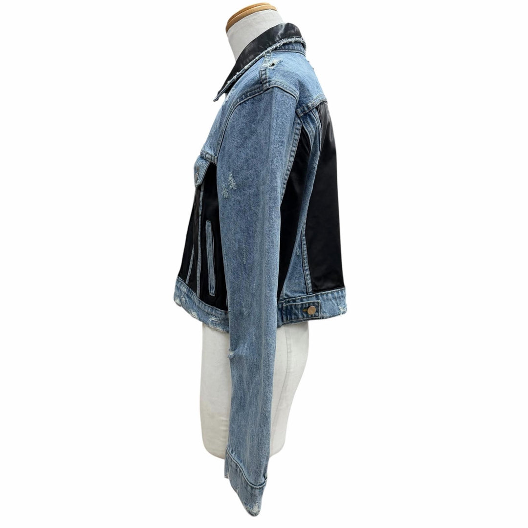 美品▼AMIRI アミリ 牛革 トラッカー レザー切替 ダメージ加工 ブルゾン ジージャン デニムジャケット ブルー ブラック 38 USA製 メンズ