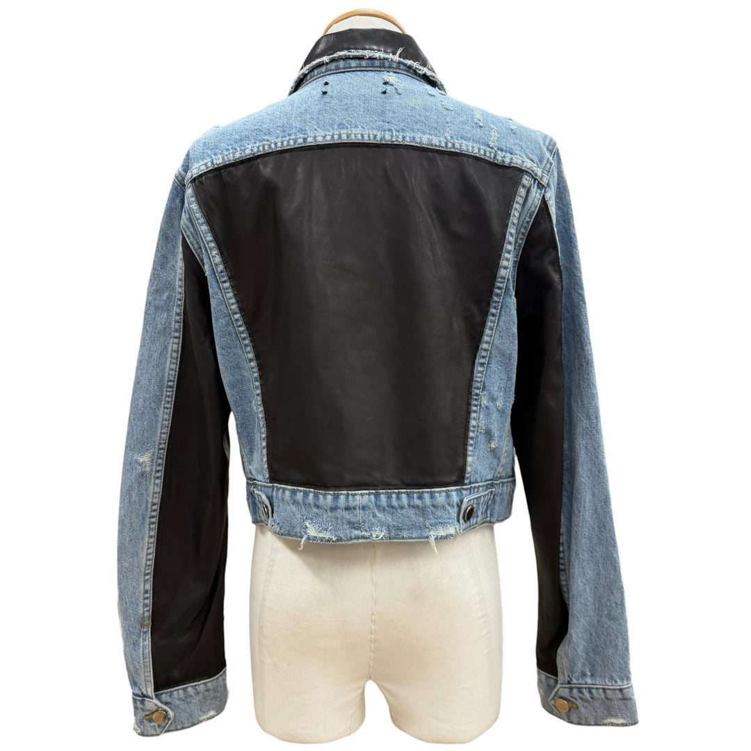 美品▼AMIRI アミリ 牛革 トラッカー レザー切替 ダメージ加工 ブルゾン ジージャン デニムジャケット ブルー ブラック 38 USA製 メンズ