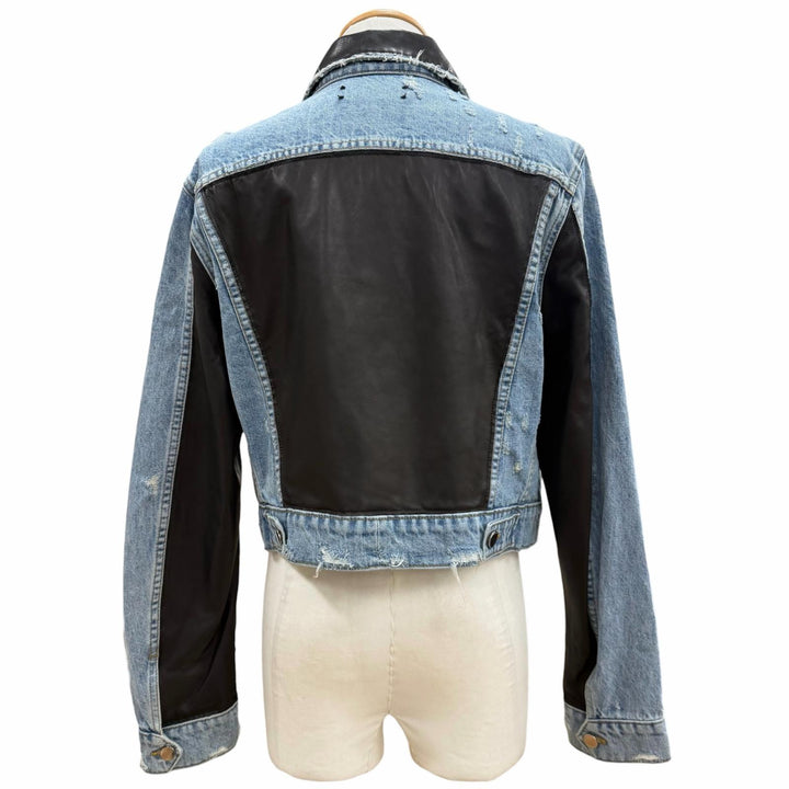 美品▼AMIRI アミリ 牛革 トラッカー レザー切替 ダメージ加工 ブルゾン ジージャン デニムジャケット ブルー ブラック 38 USA製 メンズ