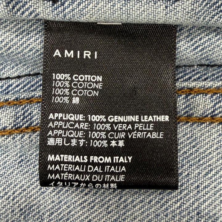美品▼AMIRI アミリ 牛革 トラッカー レザー切替 ダメージ加工 ブルゾン ジージャン デニムジャケット ブルー ブラック 38 USA製 メンズ