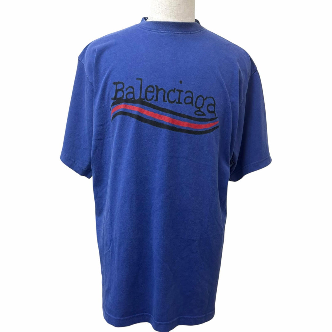 極美品□BALENCIAGA バレンシアガ 22AW 641675 ダメージ加工 キャンペーンロゴ オーバーサイズ 半袖Ｔシャツ ネイビー S 正規品 メンズ