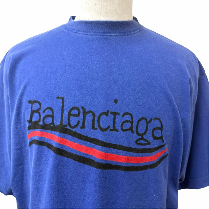 極美品□BALENCIAGA バレンシアガ 22AW 641675 ダメージ加工 キャンペーンロゴ オーバーサイズ 半袖Ｔシャツ ネイビー S 正規品 メンズ