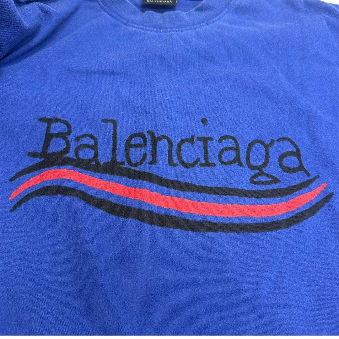 極美品□BALENCIAGA バレンシアガ 22AW 641675 ダメージ加工 キャンペーンロゴ オーバーサイズ 半袖Ｔシャツ ネイビー S 正規品 メンズ