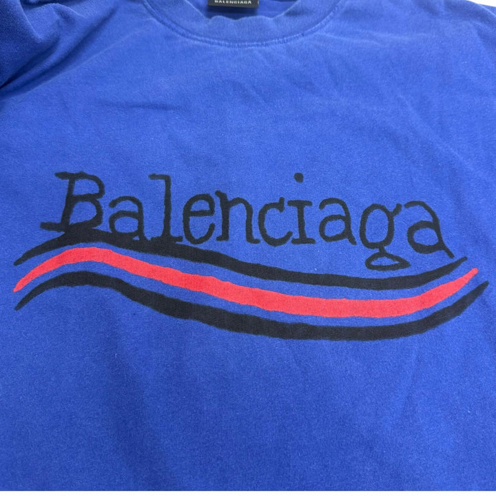 極美品□BALENCIAGA バレンシアガ 22AW 641675 ダメージ加工 キャンペーンロゴ オーバーサイズ 半袖Ｔシャツ ネイビー S 正規品 メンズ