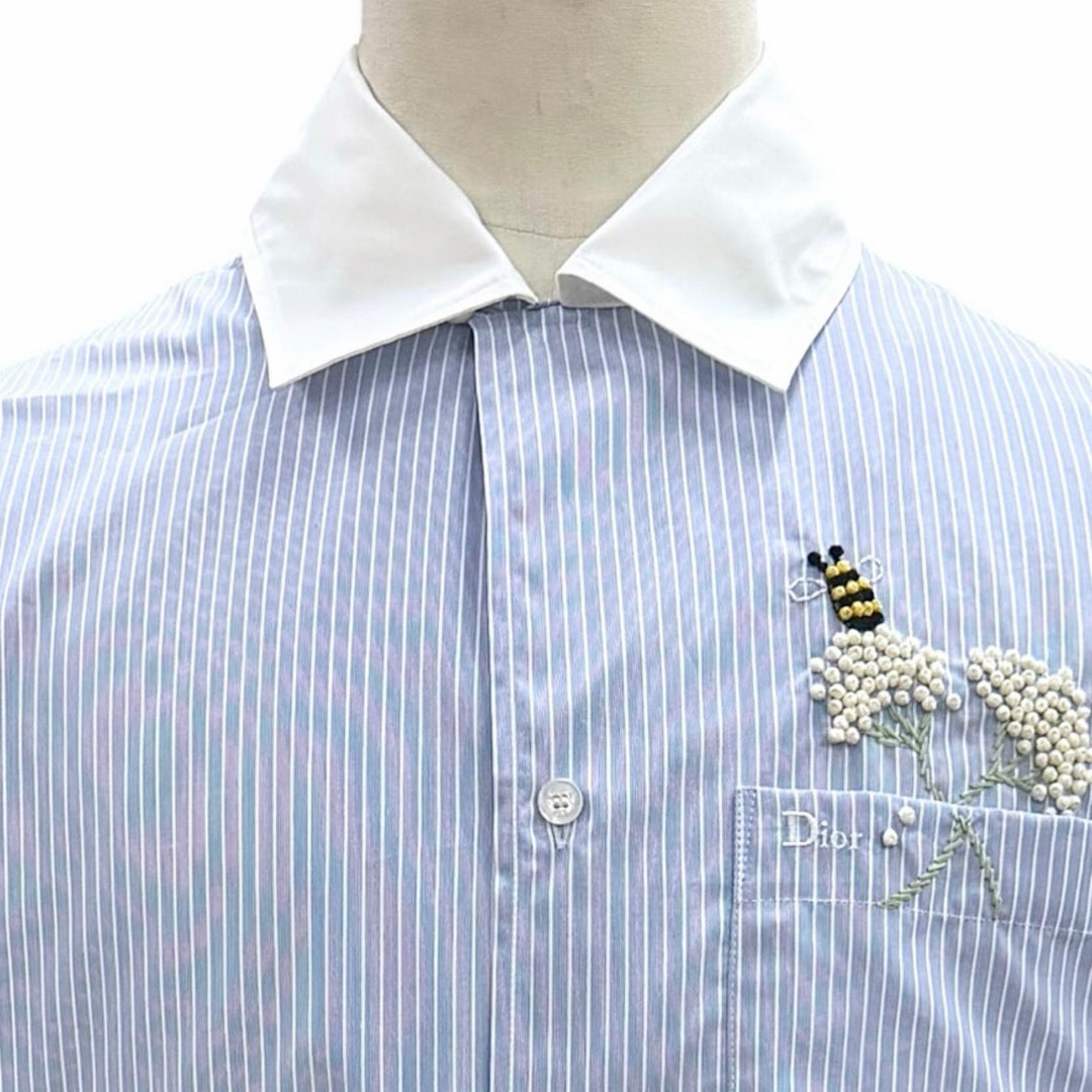 極美品▼Dior HOMME ディオールオム 26SS 693C532A3079 フラワービー コットン ポプリン ストライプ柄 ロゴ刺繍 半袖シャツ 39 正規品