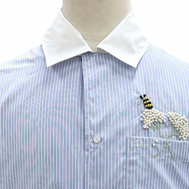 極美品▼Dior HOMME ディオールオム 26SS 693C532A3079 フラワービー コットン ポプリン ストライプ柄 ロゴ刺繍 半袖シャツ 39 正規品