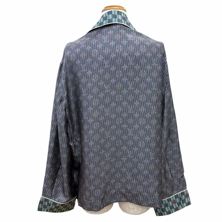 未使用品△LOUIS VUITTON ルイヴィトン シルク100％ LVボタン付き 3Dモノグラムプリント 総柄 長袖シャツ ネイビー系 34 伊製 正規品