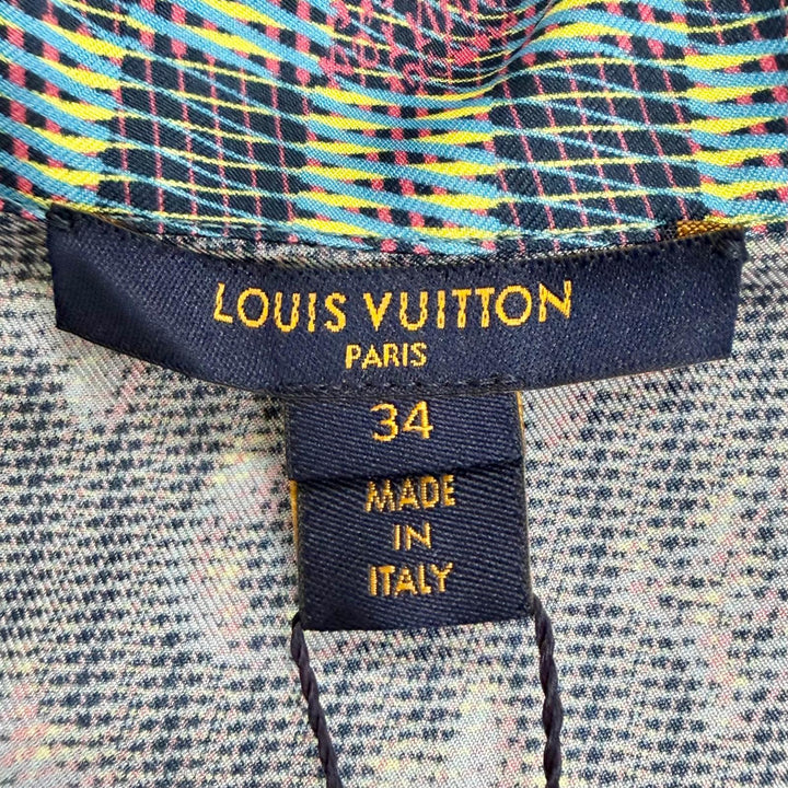 未使用品△LOUIS VUITTON ルイヴィトン シルク100％ LVボタン付き 3Dモノグラムプリント 総柄 長袖シャツ ネイビー系 34 伊製 正規品