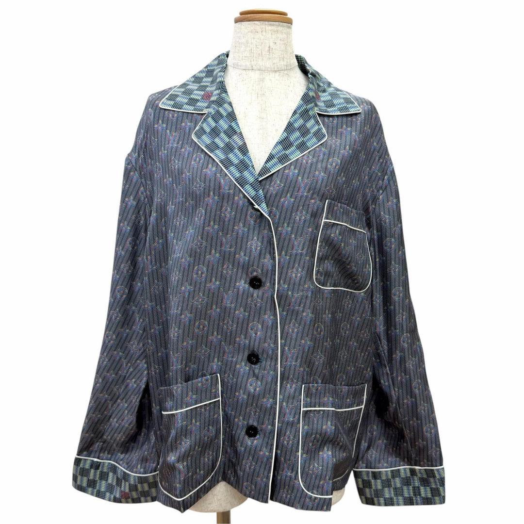 未使用品△LOUIS VUITTON ルイヴィトン シルク100％ LVボタン付き 3Dモノグラムプリント 総柄 長袖シャツ ネイビー系 IT 38 伊製 正規品
