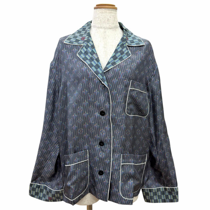 未使用品△LOUIS VUITTON ルイヴィトン シルク100％ LVボタン付き 3Dモノグラムプリント 総柄 長袖シャツ ネイビー系 IT 38 伊製 正規品