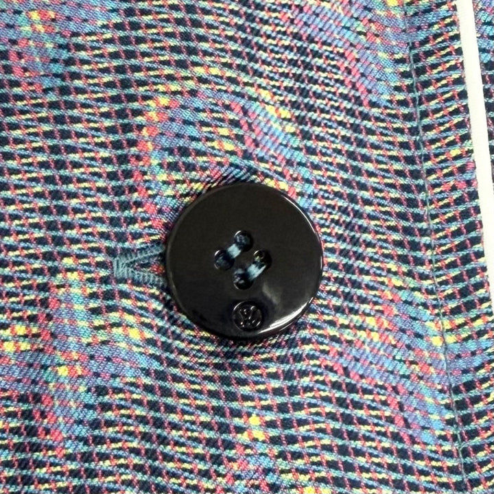 未使用品△LOUIS VUITTON ルイヴィトン シルク100％ LVボタン付き 3Dモノグラムプリント 総柄 長袖シャツ ネイビー系 IT 38 伊製 正規品