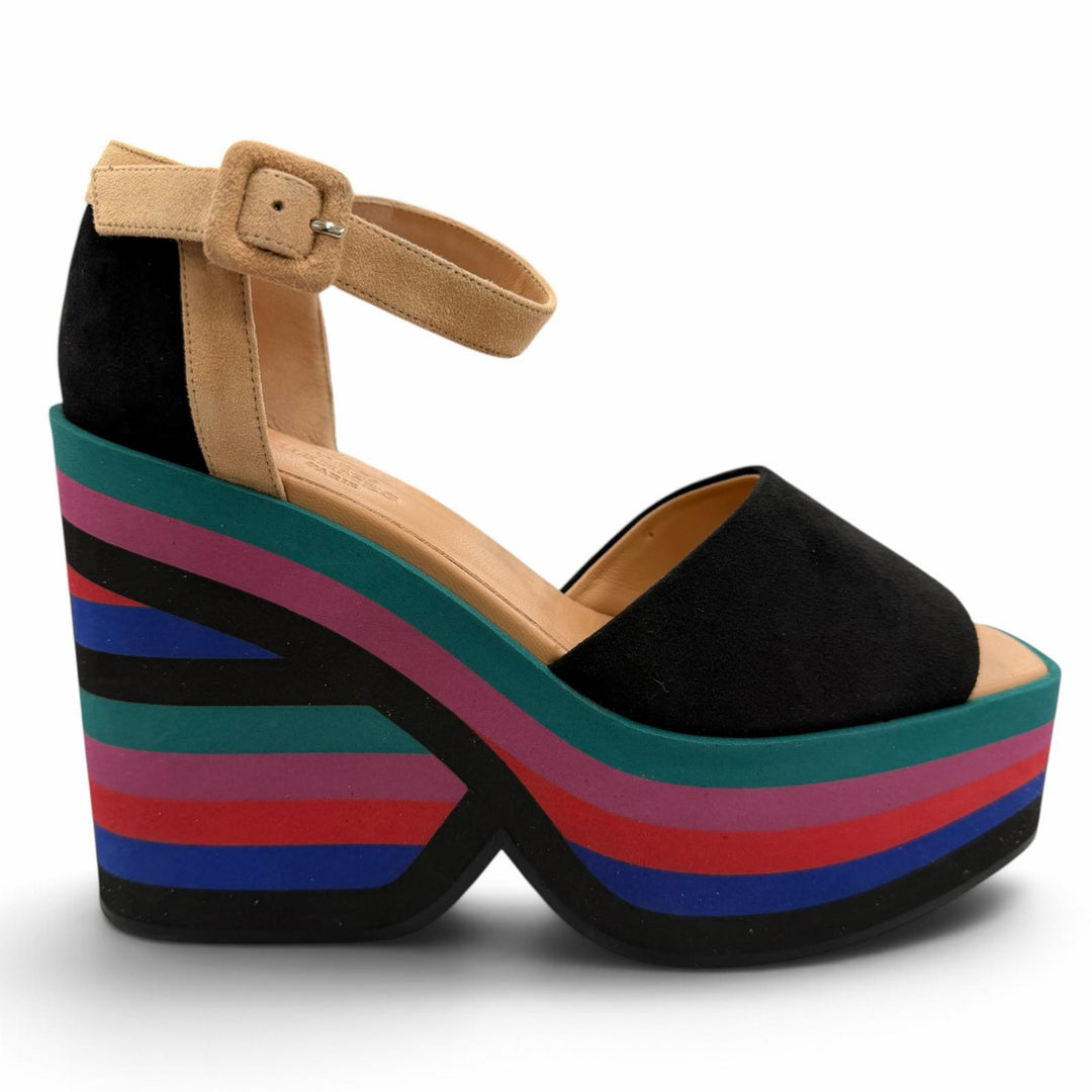 美品☆HERMES エルメス スウェードレザー ウェッジソール アンクルストラップ サンダル ブラック マルチ 37.5 イタリア製 レディース
