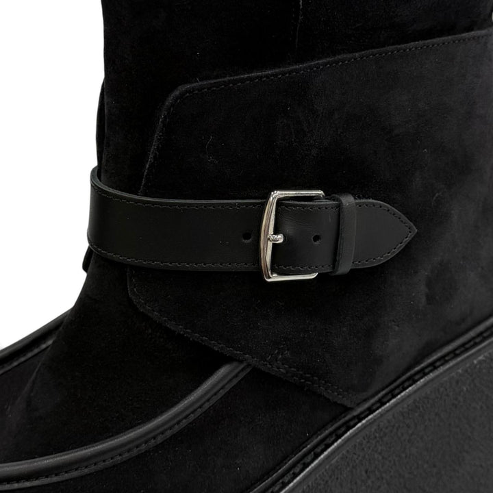 極美品★HERMES エルメス エミスフェール スウェードレザー ムートン ベルトデザイン ショートブーツ ブラック IT 36 伊製 箱・保存袋付