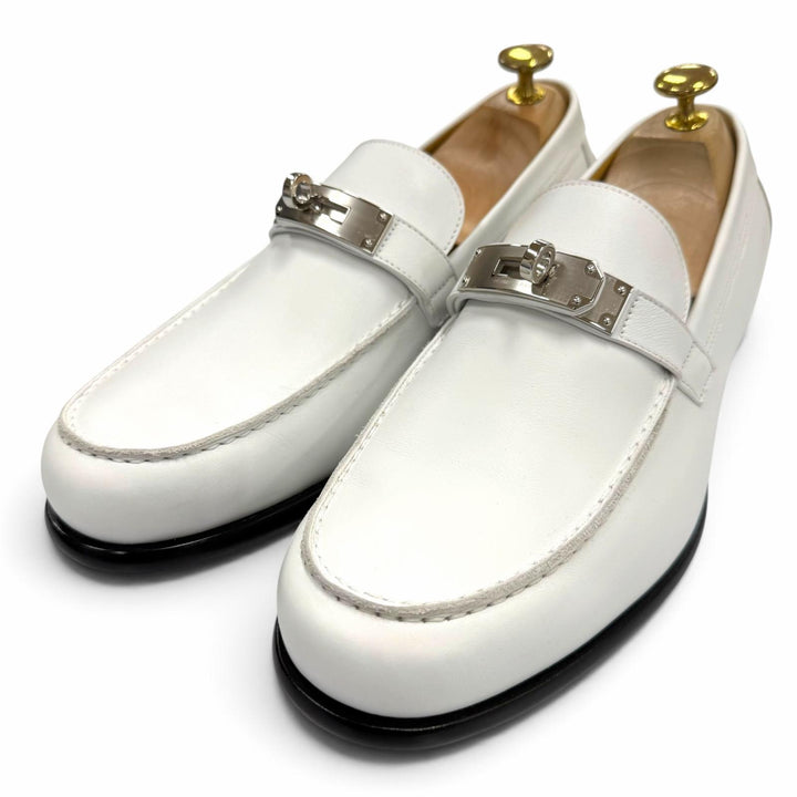 未使用品▼HERMES エルメス モカシン デスタン シルバー金具 ケリーバックル Uチップ レザーシューズ ローファー ホワイト 41 箱付き