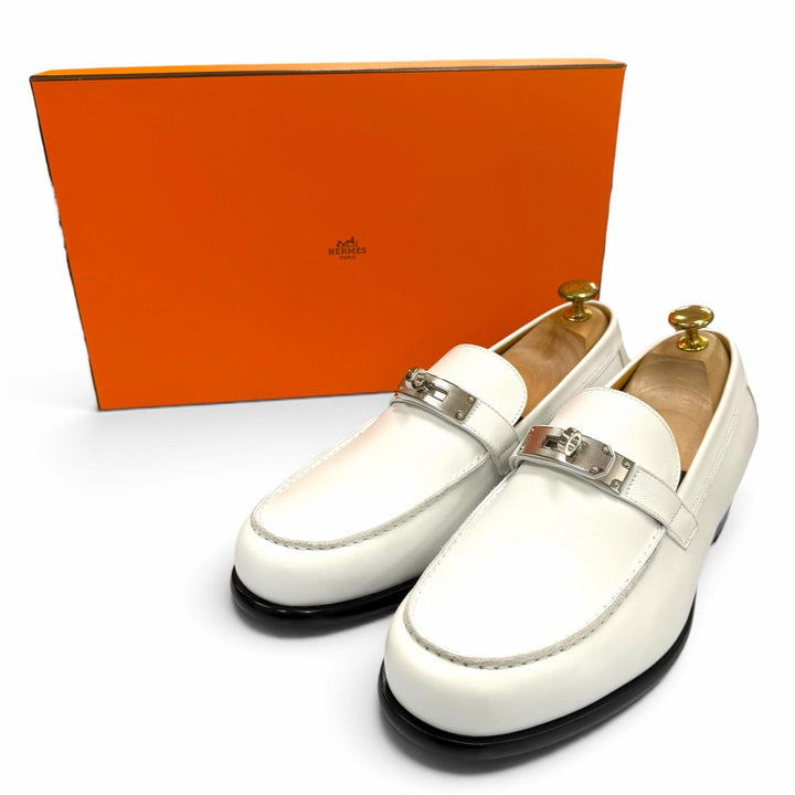 未使用品▼HERMES エルメス モカシン デスタン シルバー金具 ケリーバックル Uチップ レザーシューズ ローファー ホワイト 41 箱付き