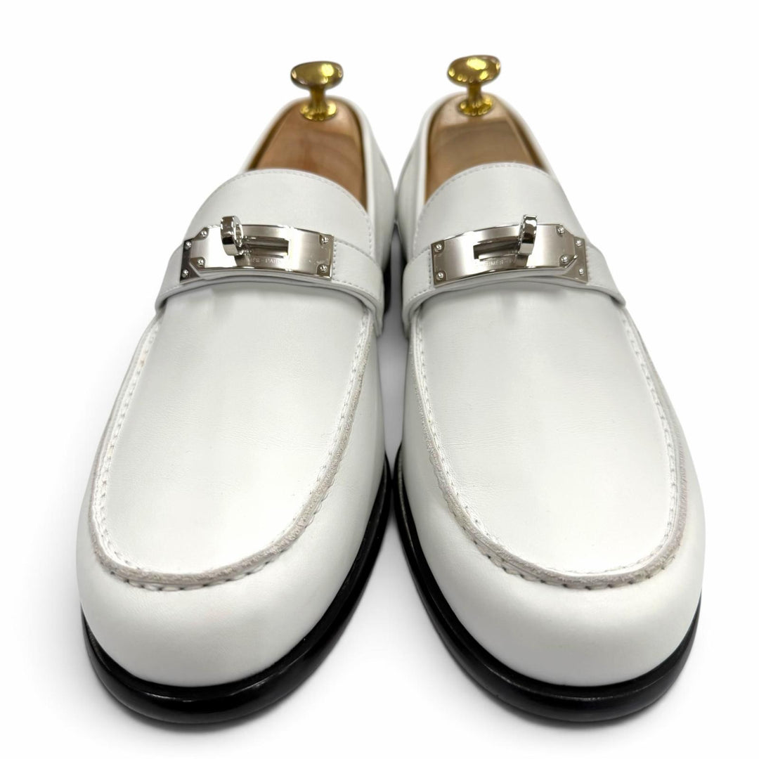 未使用品▼HERMES エルメス モカシン デスタン シルバー金具 ケリーバックル Uチップ レザーシューズ ローファー ホワイト 41 箱付き