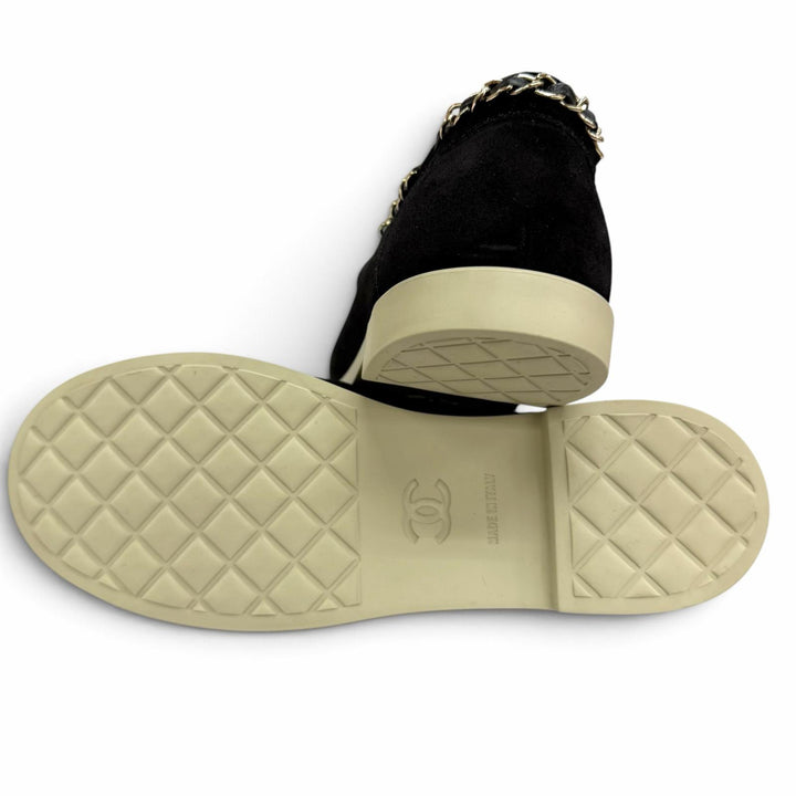 美品☆CHANEL シャネル 25C G47005 ココマーク チェーン スウェードレザー ローファー ブラック ベージュ 35 イタリア製 レディース