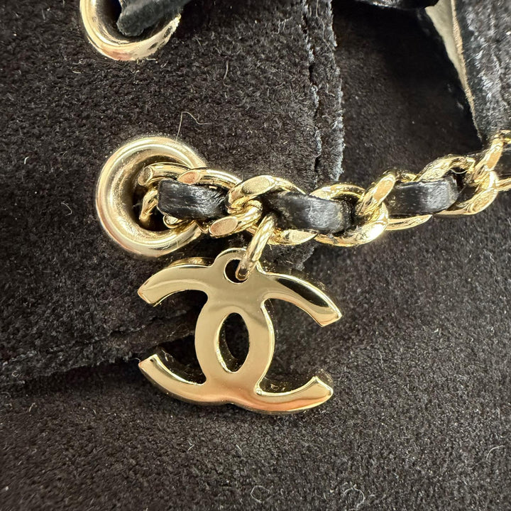 美品☆CHANEL シャネル 25C G47005 ココマーク チェーン スウェードレザー ローファー ブラック ベージュ 35 イタリア製 レディース