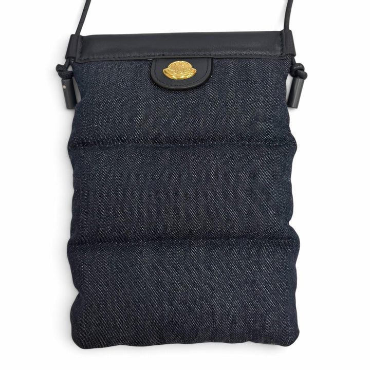 未使用品★MONCLER モンクレール PUFFY PHONE CASE ロゴ金具 レザー使い デニム ショルダーバッグ インディゴ ブラック 保存袋付き
