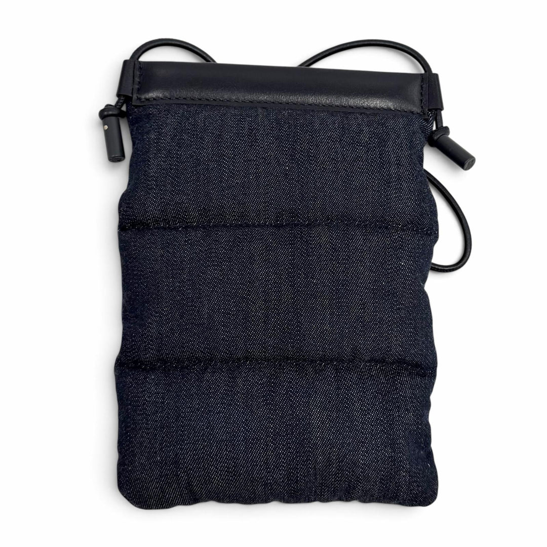 未使用品★MONCLER モンクレール PUFFY PHONE CASE ロゴ金具 レザー使い デニム ショルダーバッグ インディゴ ブラック 保存袋付き