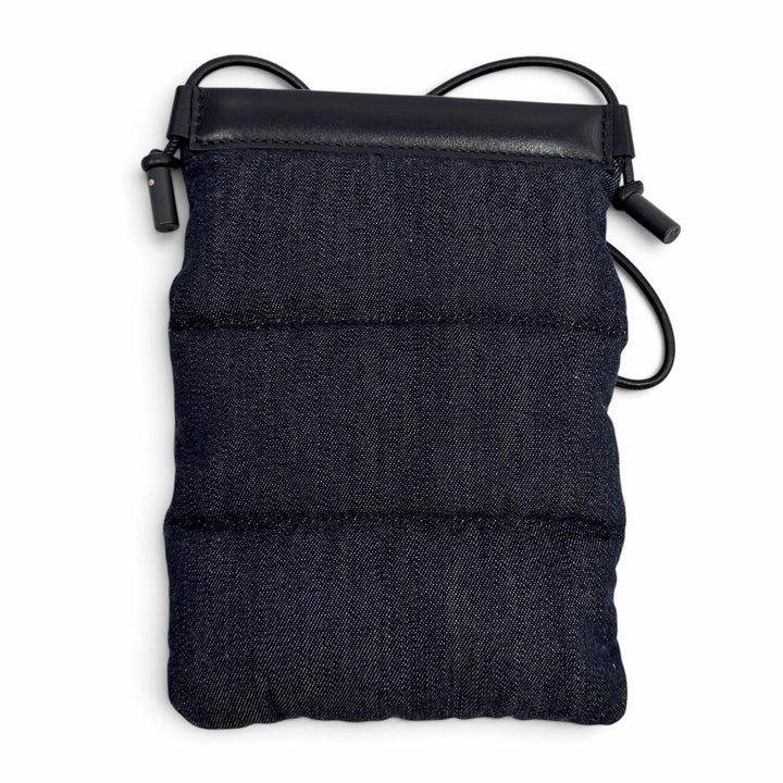未使用品★MONCLER モンクレール PUFFY PHONE CASE ロゴ金具 レザー使い デニム ショルダーバッグ インディゴ ブラック 保存袋付き