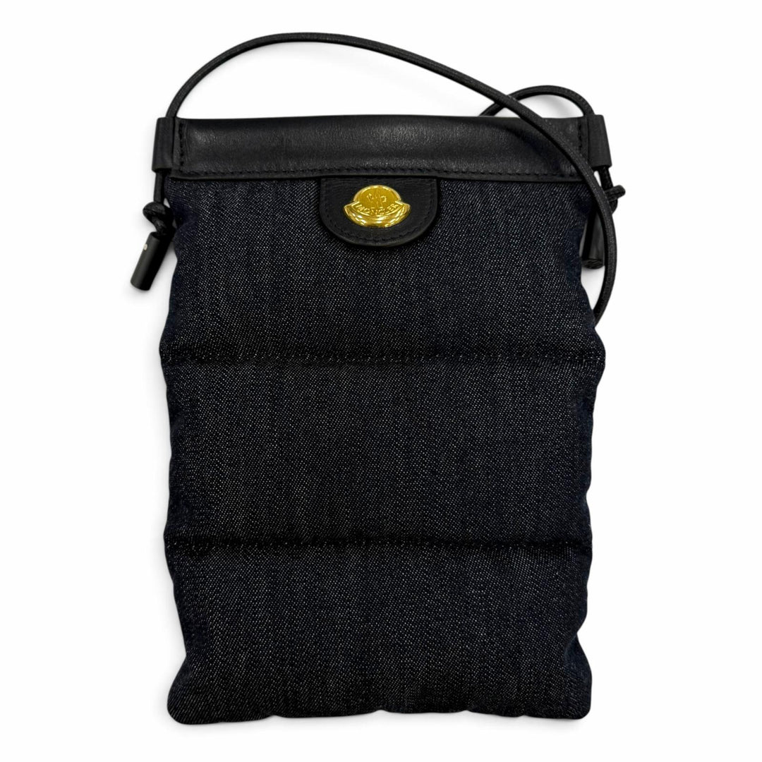 未使用品☆MONCLER モンクレール PUFFY PHONE CASE レザー使い ロゴ金具 フォンケース ショルダーバッグ インディゴ レディース 保存袋付
