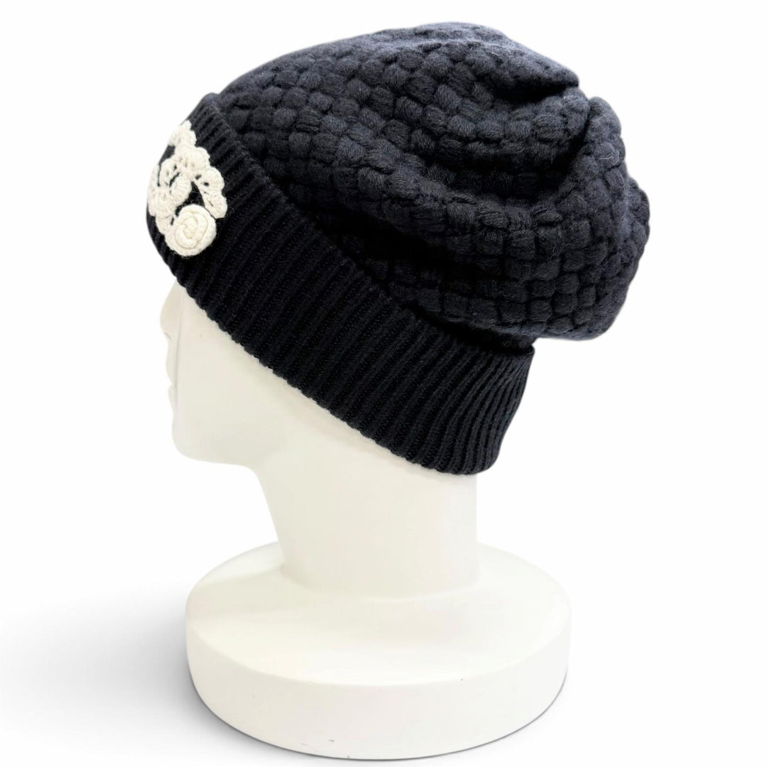 極美品△CHANEL シャネル カシミヤ100％ レース編み ココマーク カメリア ニット帽 ニットキャップ ダークネイビー ホワイト 伊製 正規品