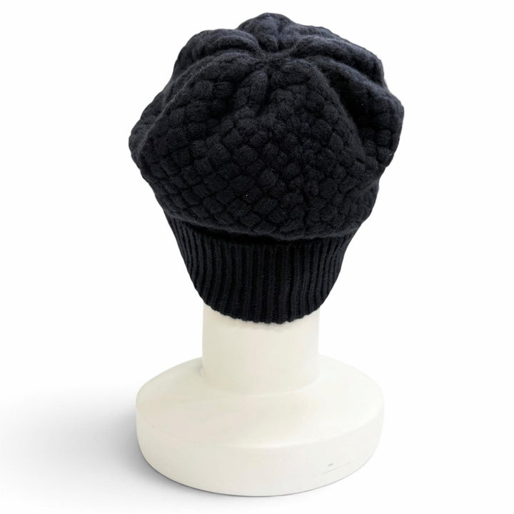 極美品△CHANEL シャネル カシミヤ100％ レース編み ココマーク カメリア ニット帽 ニットキャップ ダークネイビー ホワイト 伊製 正規品