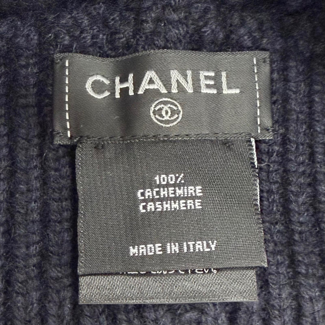 極美品△CHANEL シャネル カシミヤ100％ レース編み ココマーク カメリア ニット帽 ニットキャップ ダークネイビー ホワイト 伊製 正規品
