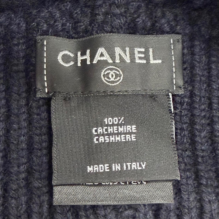 極美品△CHANEL シャネル カシミヤ100％ レース編み ココマーク カメリア ニット帽 ニットキャップ ダークネイビー ホワイト 伊製 正規品