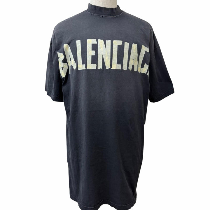 極美品□BALENCIAGA バレンシアガ 739037 コットン100％ ダメージ加工 テープロゴ オーバーサイズ 半袖Ｔシャツ ブラック 1 正規品