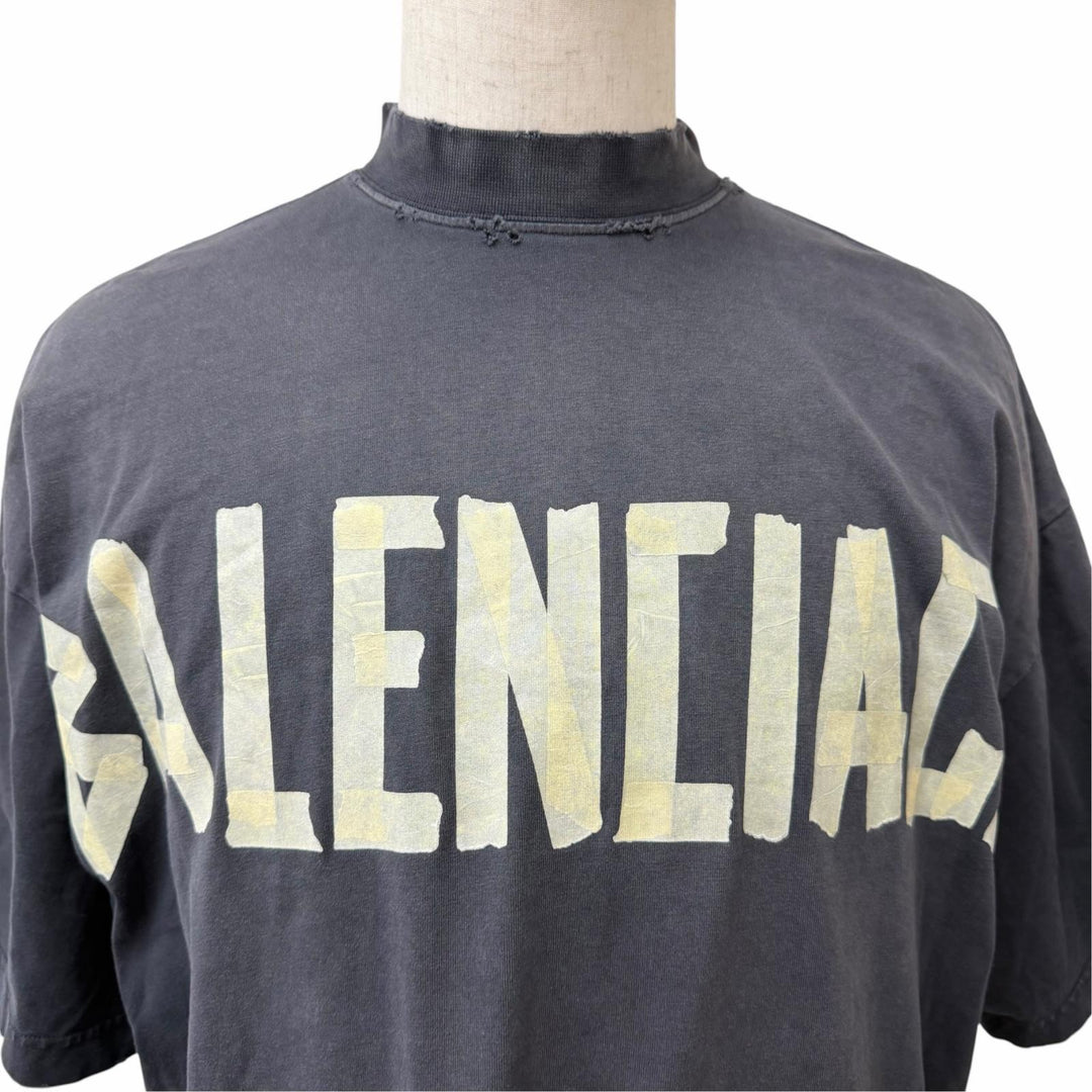 極美品□BALENCIAGA バレンシアガ 739037 コットン100％ ダメージ加工 テープロゴ オーバーサイズ 半袖Ｔシャツ ブラック 1 正規品
