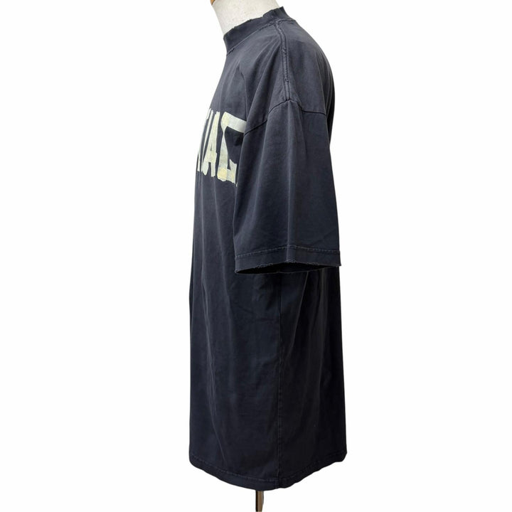 極美品□BALENCIAGA バレンシアガ 739037 コットン100％ ダメージ加工 テープロゴ オーバーサイズ 半袖Ｔシャツ ブラック 1 正規品