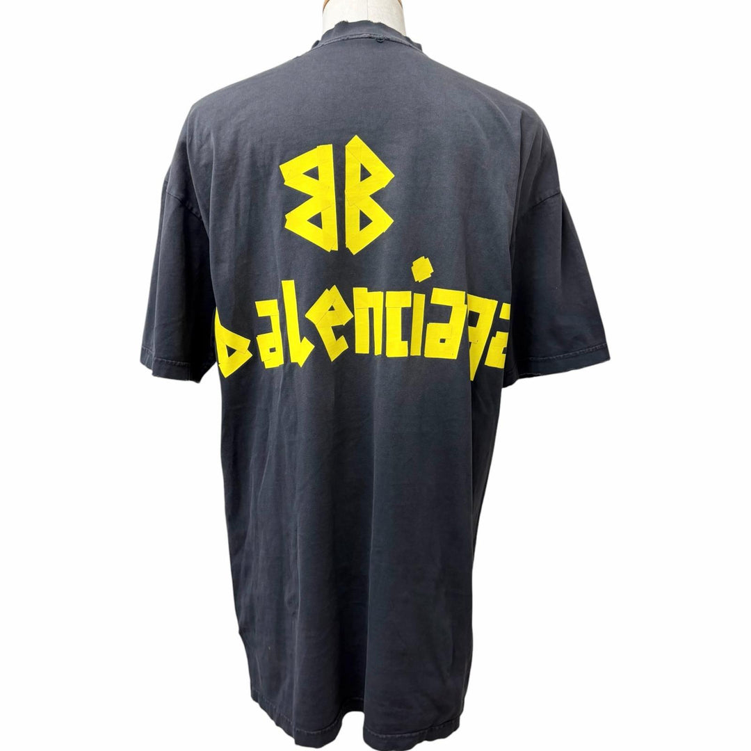 極美品□BALENCIAGA バレンシアガ 739037 コットン100％ ダメージ加工 テープロゴ オーバーサイズ 半袖Ｔシャツ ブラック 1 正規品