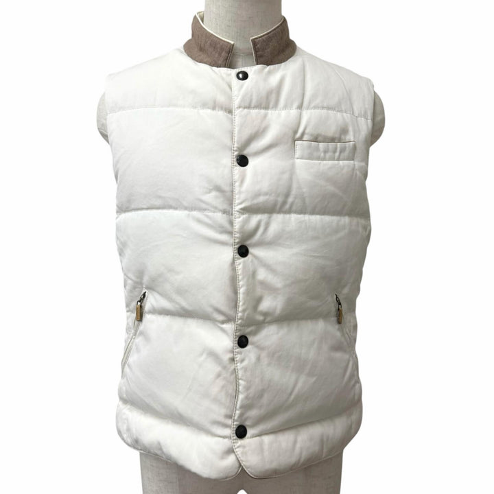 美品□Brunello Cucinelli ブルネロクチネリ ウール コットン スナップボタン ダウンベスト ジレ ホワイト ブラウン 48 イタリア製