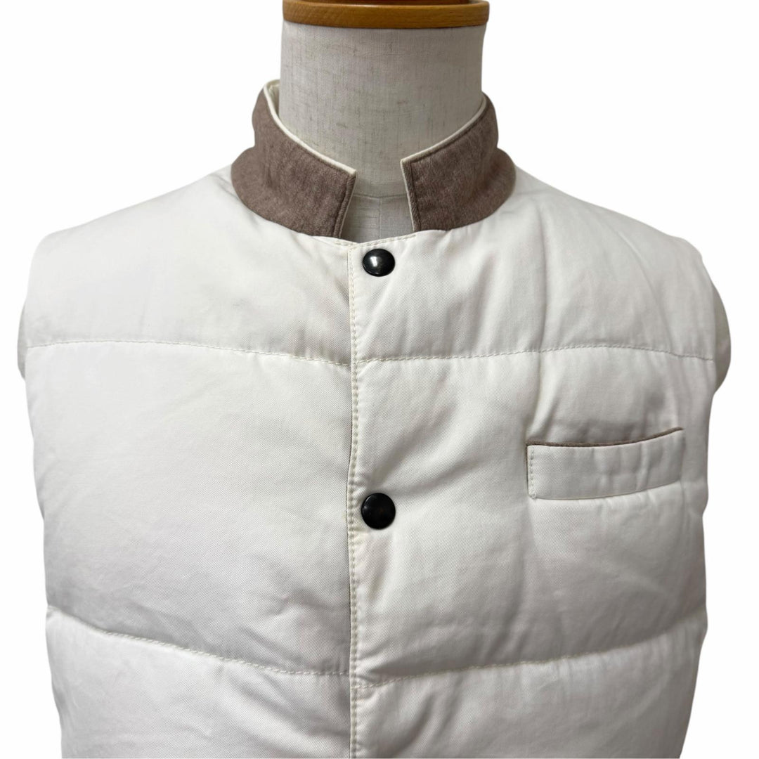 美品□Brunello Cucinelli ブルネロクチネリ ウール コットン スナップボタン ダウンベスト ジレ ホワイト ブラウン 48 イタリア製