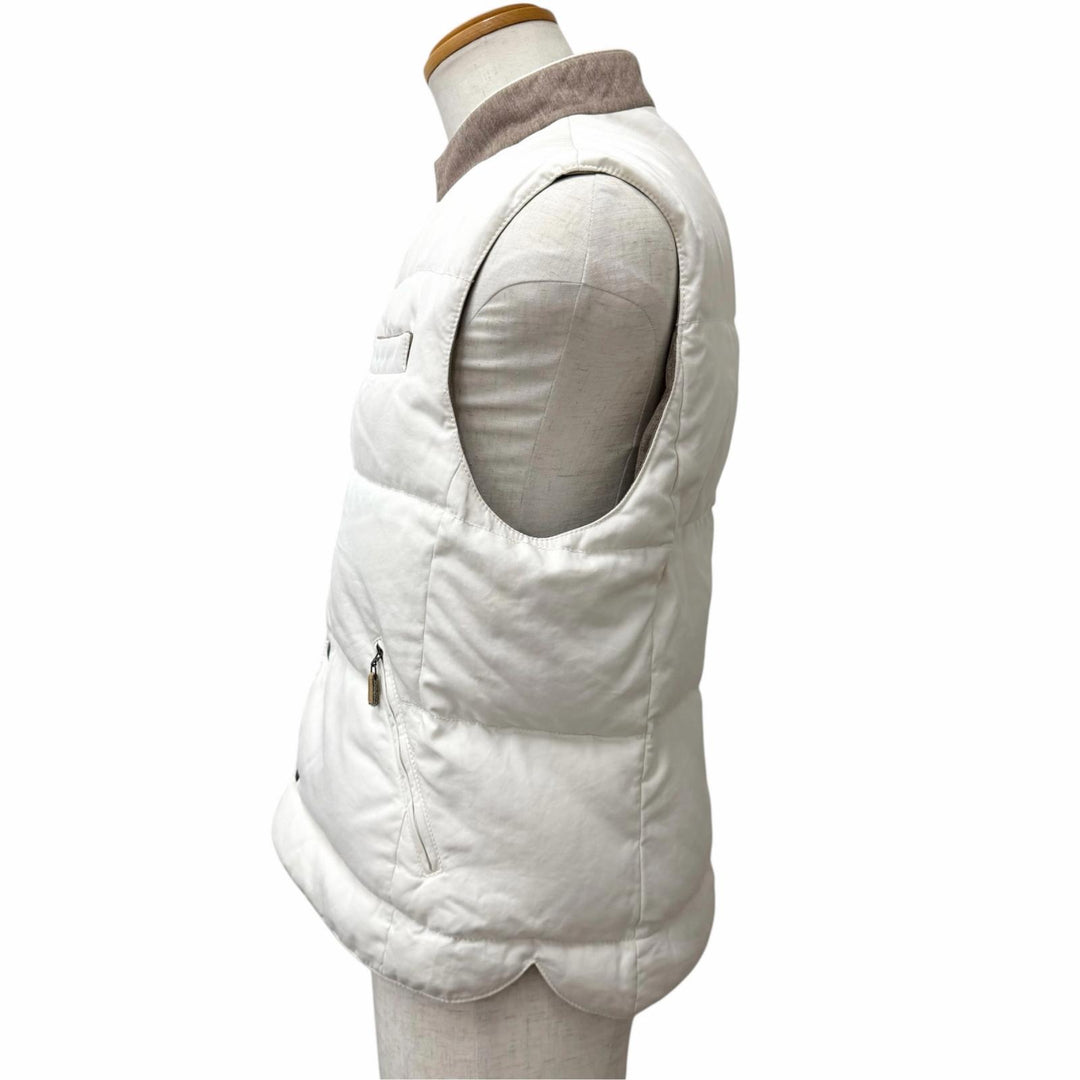 美品□Brunello Cucinelli ブルネロクチネリ ウール コットン スナップボタン ダウンベスト ジレ ホワイト ブラウン 48 イタリア製
