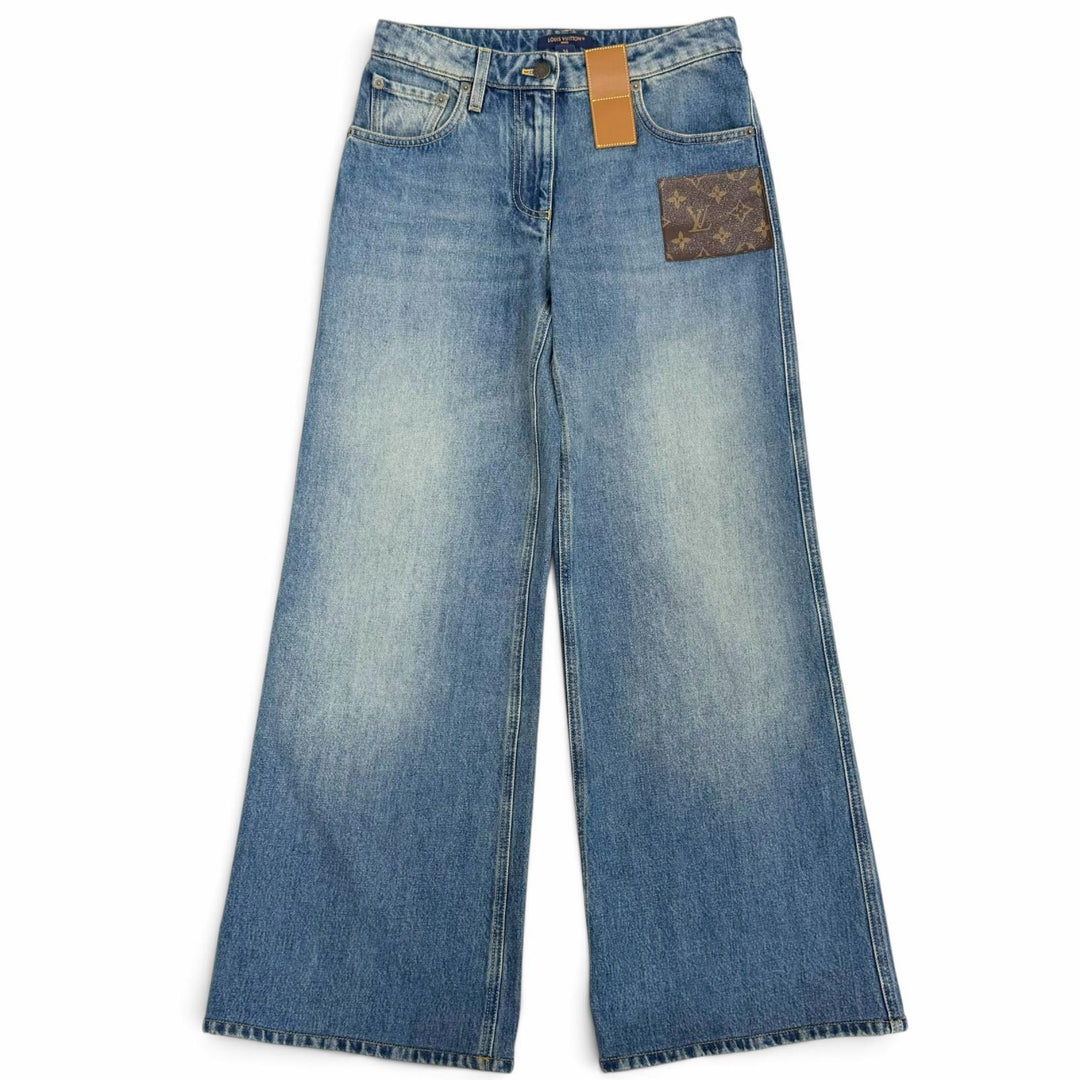 極美品△LOUIS VUITTON ルイヴィトン 24SS 1AHPJ7 ハイウエストジーンズ コットン100％ モノグラムパッチ デニムパンツ ブルー 34 正規品