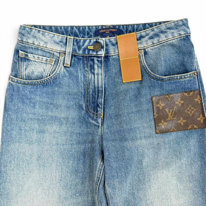 極美品△LOUIS VUITTON ルイヴィトン 24SS 1AHPJ7 ハイウエストジーンズ コットン100％ モノグラムパッチ デニムパンツ ブルー 34 正規品