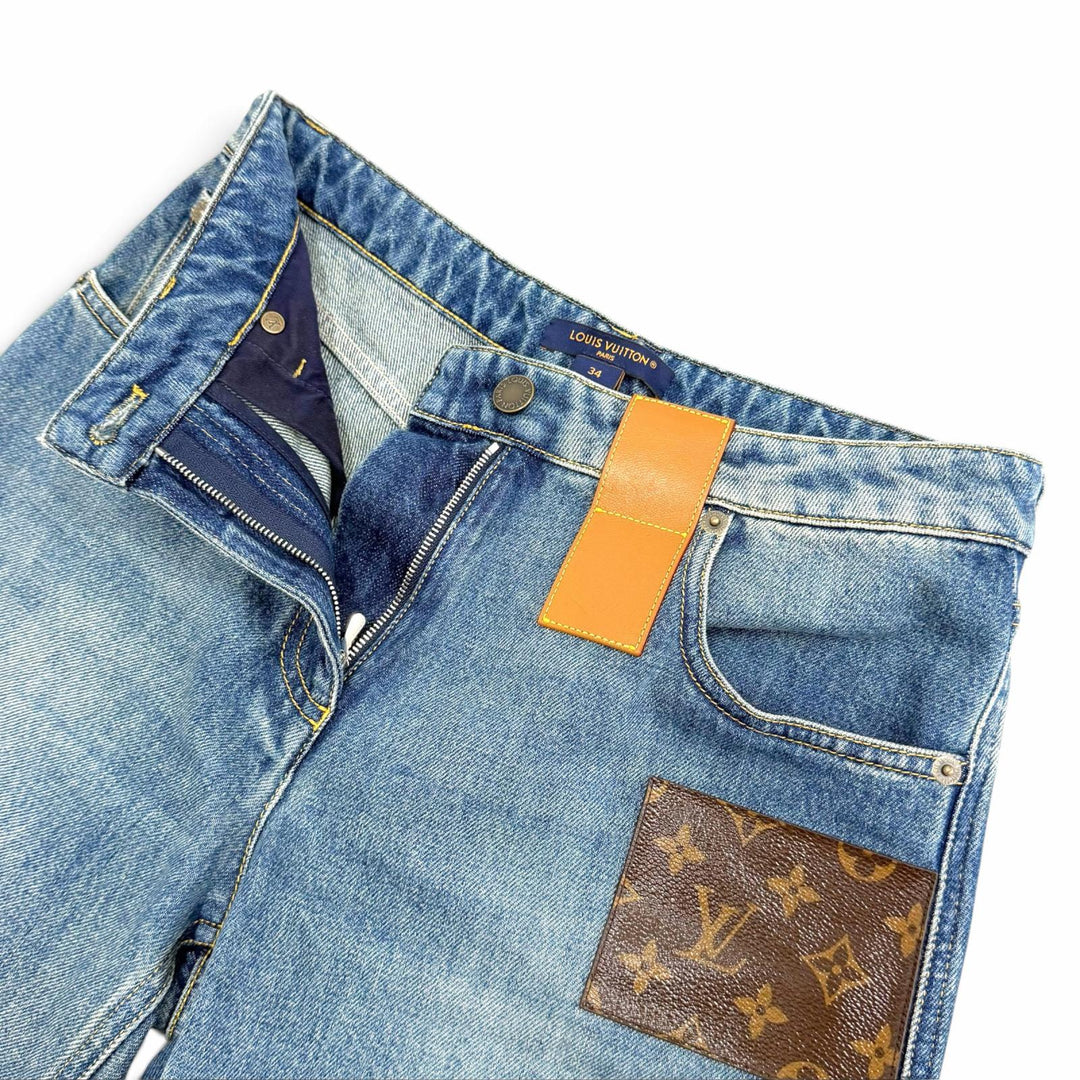 極美品△LOUIS VUITTON ルイヴィトン 24SS 1AHPJ7 ハイウエストジーンズ コットン100％ モノグラムパッチ デニムパンツ ブルー 34 正規品