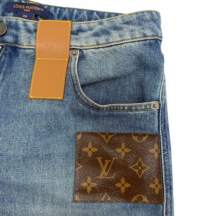 極美品△LOUIS VUITTON ルイヴィトン 24SS 1AHPJ7 ハイウエストジーンズ コットン100％ モノグラムパッチ デニムパンツ ブルー 34 正規品