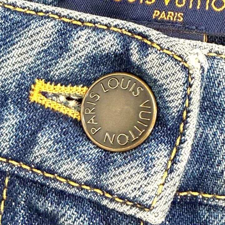 極美品△LOUIS VUITTON ルイヴィトン 24SS 1AHPJ7 ハイウエストジーンズ コットン100％ モノグラムパッチ デニムパンツ ブルー 34 正規品
