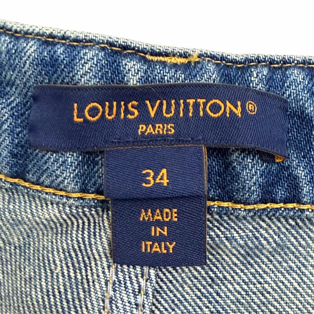 極美品△LOUIS VUITTON ルイヴィトン 24SS 1AHPJ7 ハイウエストジーンズ コットン100％ モノグラムパッチ デニムパンツ ブルー 34 正規品