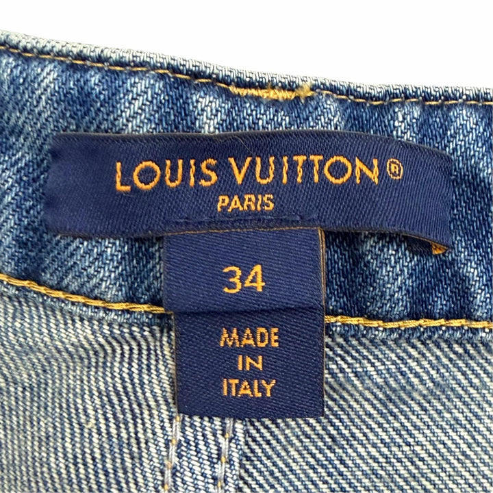 極美品△LOUIS VUITTON ルイヴィトン 24SS 1AHPJ7 ハイウエストジーンズ コットン100％ モノグラムパッチ デニムパンツ ブルー 34 正規品